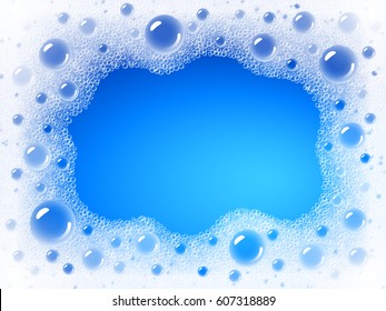 Soap Foam Overlying On The Background Of A Blue Water Color. Transparent Vector Frame. Eps10. RGB. Global Colors