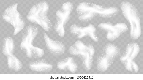 Soap foam pieces with bubbles isolated on transparent background. Top view of sparkling shampoo and bath lather clouds. Vector illustration.