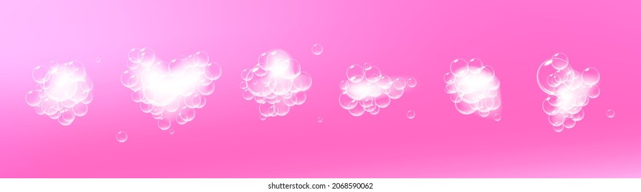 Soap foam pieces with bubbles isolated on pink background. Top view of sparkling shampoo and bath lather clouds. Vector.