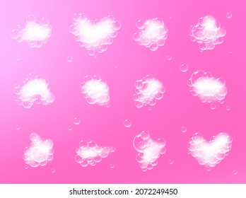 Soap foam pieces with bubbles isolated on pink background. Top view of sparkling shampoo and bath lather clouds. Vector.