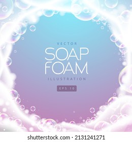 Soap foam with soap rainbow bubbles isolated on gradient background. Vector illustration