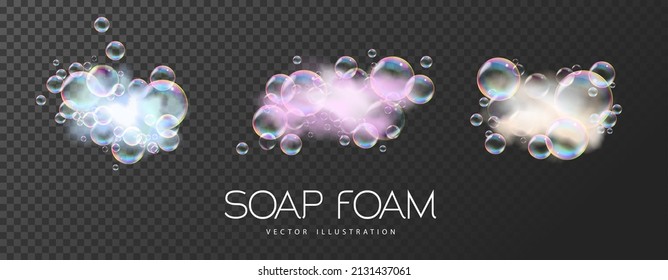 Seifenschaum mit Seife-Regenbogenblasen einzeln auf transparentem Hintergrund. Vektorgrafik