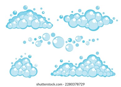 Soap foam set with bubbles. Carton light blue suds of bath water, shampoo, shaving, mousse. Vector illustration isolated on white background