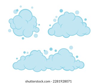 Soap foam set with bubbles. Carton light blue suds of bath water, shampoo, shaving, mousse. Vector illustration isolated on white background