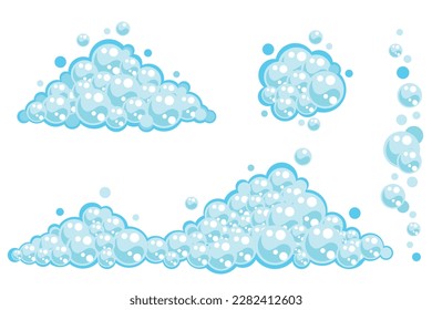 Soap foam set with bubbles. Carton light blue suds of bath water, shampoo, shaving, mousse. Vector illustration isolated on white background