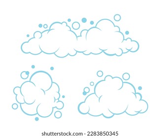 Soap foam set with bubbles. Carton light blue suds of bath water, shampoo, shaving, mousse. Vector outline illustration isolated on white background