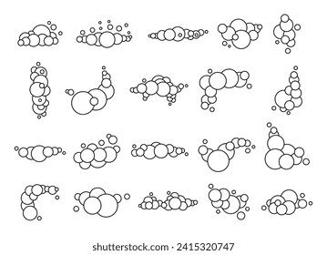 Soap foam set with bubbles. Coloring Page. Suds of bath, shampoo, shaving, mousse. Cloudy frame and corner. Hand drawn style. Vector drawing. Collection of design elements.