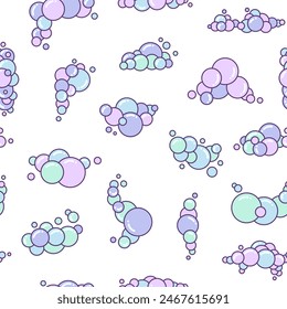 Soap foam set with bubbles. Seamless pattern. Suds of bath, shampoo, shaving, mousse. Cloudy frame and corner. Hand drawn style. Vector drawing. Design ornaments.