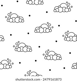 Soap foam set with bubbles. Seamless pattern. Coloring Page. Suds of bath, shampoo, shaving, mousse. Cloudy frame and corner. Hand drawn style. Vector drawing. Design ornaments.