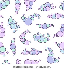 Soap foam set with bubbles. Seamless pattern. Suds of bath, shampoo, shaving, mousse. Cloudy frame and corner. Hand drawn style. Vector drawing. Design ornaments.