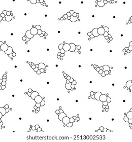 Soap foam set with bubbles. Seamless pattern. Coloring Page. Suds of bath, shampoo, shaving, mousse. Cloudy frame and corner. Hand drawn style. Vector drawing. Design ornaments.