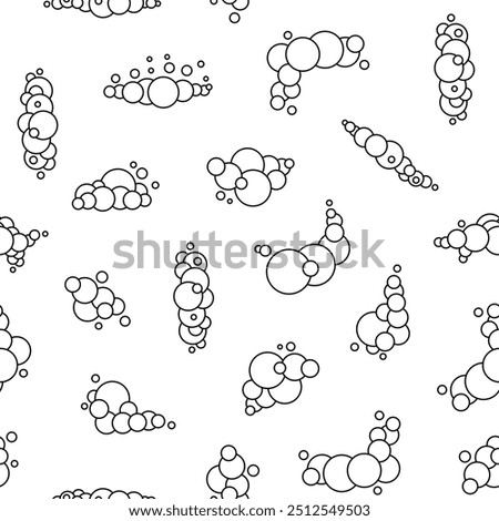Soap foam set with bubbles. Seamless pattern. Coloring Page. Suds of bath, shampoo, shaving, mousse. Cloudy frame and corner. Hand drawn style. Vector drawing. Design ornaments.