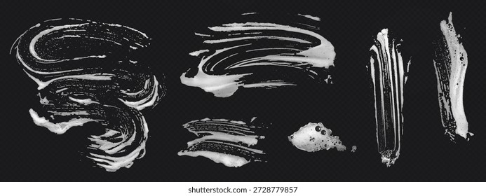 Conjunto de manchas de espuma de jabón aislado sobre fondo transparente. Vector ilustración realista de champú abstracto y textura de manchas de agua, detergente de lavado en superficie húmeda, salpicadura de esponja, efecto de superposición
