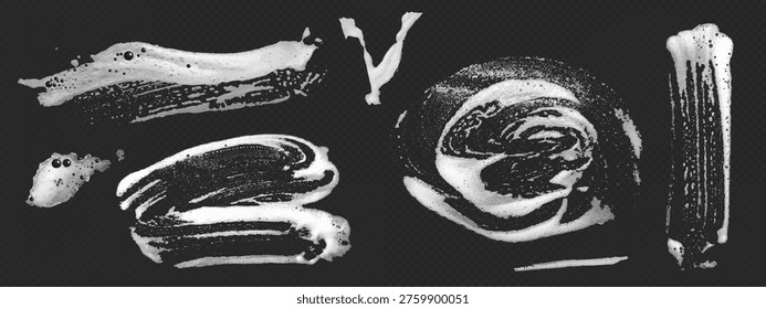Soap foam stains set isolated on transparent background. Vector realistic illustration of abstract shampoo and water smears texture, washing detergent on wet surface, sponge splatter, overlay effect