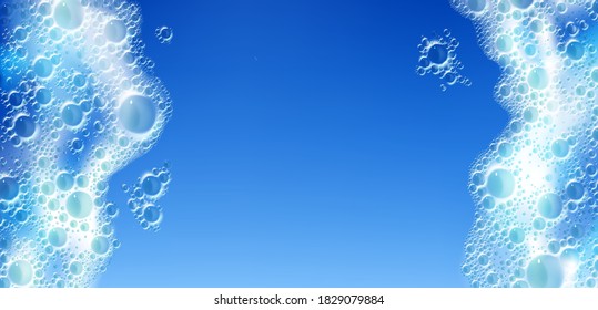 Soap foam texture isolated on blue background. Vector realistic illustration of soap sud of detergent, cleaning gel or shampoo. White froth with bubbles in laundry, bath or shower