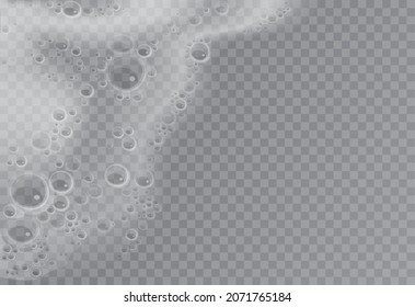 Soap foam in water and air bubbles vector illustration. 3d realistic white soapy liquid texture from shampoo, soap or shower gel in bath, laundry detergent, border top view on transparent background