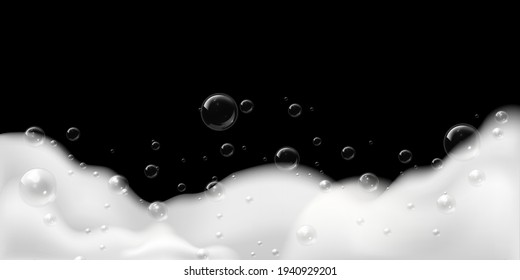 Soap foam. White bubbles flying, bath or laundry poster template, shampoo or shower gel background, clean bubbling shiny washing hygiene detergent. Vector realistic 3d isolated illustration