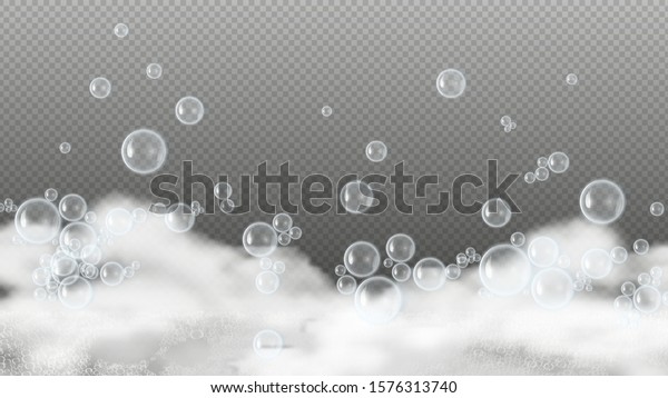 Soap foam. White suds, shiny water bubbles.\
Shampoo or shower gel lather isolated on transparent background.\
Realistic foam vector\
background