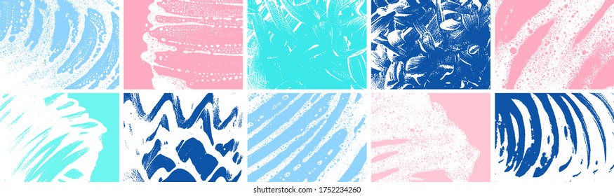 Soap grunge backgrounds collection. Foam textures set. Foam water. Soap bubble stains bundle. Shampoo. Shaving cream. Cleaning. Washing.
