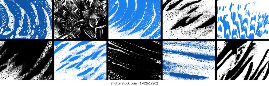 Soap grunge backgrounds collection. Foam textures set. Foam water. Soap bubble stains bundle. Shampoo. Shaving cream. Cleaning. Washing.
