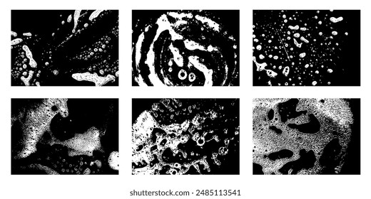 Soap grunge backgrounds. Sudsy foam and bubbles texture, foam water and detergent stains, wet lather and foam insulation. Vector set. Laundry and washing froth, hygiene or household concept