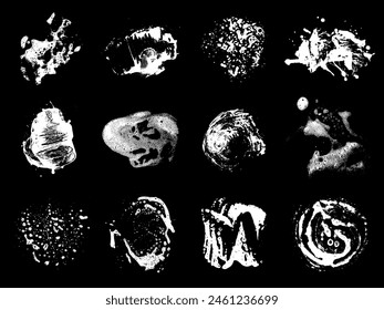 Soap grunge stains. Abstract wet foam and lather spots and drops, detergent and cleaner bubbles and foam, soap and detergent stains. Vector set. Shampoo or laundry gel isolated collection