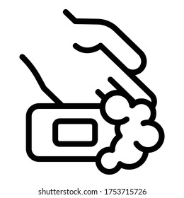 Icono de jabón en la mano. Jabón de contorno en icono de vector de mano para diseño web aislado en fondo blanco