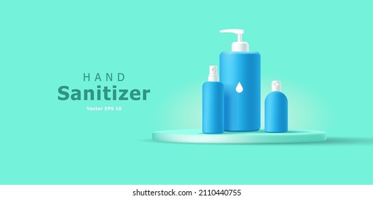 Soap hand sanitizer antiseptic bottles in blue color on podium, sanitizer advertising template