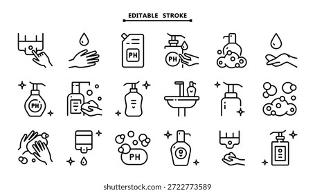 Sabão para Mãos e Corpo. Traçado editável. Desinfecção Das Mãos. Pele pH e hidratante, cosméticos naturais. Higiene Da Pele, Lavagem, Conceito De Limpeza. Conjunto de ícones de vetor isolados.
