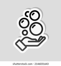 Soap for hands, personal sanitizer. Linear sticker, white border and simple shadow on gray background