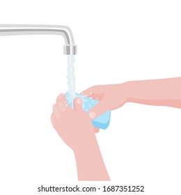 Jabón en las manos, lavando las manos bajo el grifo del agua del grifo.Higiene. Medidas preventivas durante una epidemia de virus, ilustración vectorial.