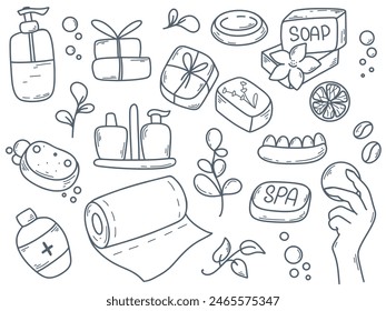 Soap and hygiene doodle sketch style set. Different types of soap, solid, liquid, craft, with herbal and coffee additives, cute line ink. Washing and cleanliness clip art, vector graphics