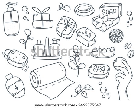 Soap and hygiene doodle sketch style set. Different types of soap, solid, liquid, craft, with herbal and coffee additives, cute line ink. Washing and cleanliness clip art, vector graphics