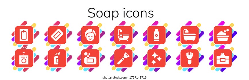 conjunto de iconos de jabón. 14 iconos de jabón rellenos.  Iconos modernos sencillos como: Bañera, Lavadora, Jabón, Frasco De Spray, Maquillaje, Bañera, Shampoo, Limpieza, Perfume