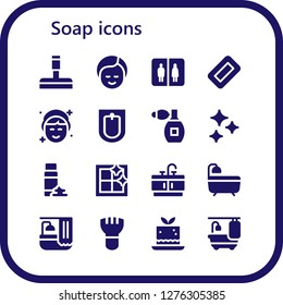 soap icon set. 16 filled soap icons. Simple modern icons about  - Glass cleaner, Makeup, Bathroom, Soap, Bidet, Perfume, Clean, Foam, Clean window, Bath, Mousse, Bathtub
