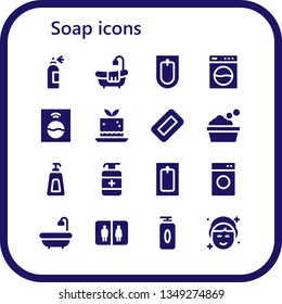 soap icon set. 16 filled soap icons.  Collection Of - Spray bottle, Bathtub, Bidet, Washing machine, Mousse, Soap, Antiseptic, Bath, Bathroom, Gel, Makeup