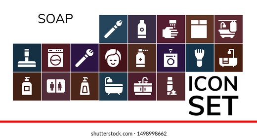 soap icon set. 19 filled soap icons.  Collection Of - Makeup, Glass cleaner, Soap, Bathroom, Bath, Foam, Washing machine, Antiseptic, Bathtub, Shampoo, WASHING HANDS