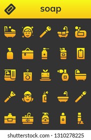 soap icon set. 26 filled soap icons.  Simple modern icons about  - Bathtub, Soap, Makeup, Cosmetics, Antiseptic, Spray bottle, Bath, Washing machine, Mousse, Perfume, Maid, Bathroom