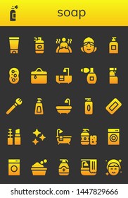soap icon set. 26 filled soap icons.  Collection Of - Gel, Spray bottle, Bath, Maid, Soap, Sponge, Cosmetics, Bathtub, Perfume, Cleaning spray, Makeup, Make up, Clean, Shampoo
