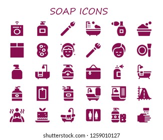 soap icon set. 30 filled soap icons. Simple modern icons about  - Washing machine, Soap, Makeup, Bathtub, Perfume, Sponge, Make up, Gel, Cosmetics, Spray bottle, Bath, Parabola