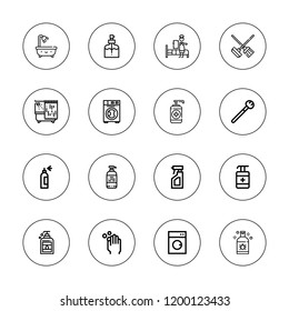 Soap icon set. collection of 16 outline soap icons with antiseptic, bath, bathroom, cleaning, gel, maid, makeup, shampoo, washing hands, spray bottle icons.
