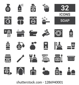 soap icon set. Collection of 32 filled soap icons included Make up, Lip balm, WASHING HANDS, Dustpan, Cleaning, Washing machine, Laundry basket, Antiseptic, Padthai, Makeup, Bubble