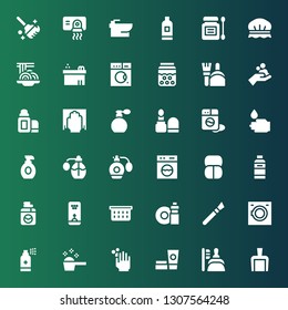 soap icon set. Collection of 36 filled soap icons included Dustpan, Cosmetics, WASHING HANDS, Detergent, Antiseptic, Washing machine, Makeup, Washing dishes, Laundry basket, Bubble