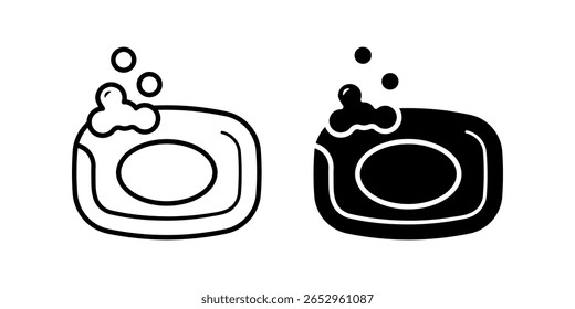 Ícone de sabão definido. Ilustração de sabão com bolha isolada no fundo branco. Perfeito para projetos relacionados à higiene, limpeza e banheiro. Disponível em contorno e estilo sólido.