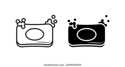 Ícone de sabão definido. Ilustração de arte de linha simples e limpa de uma barra de sabão com bolhas em preto e branco. Perfeito para higiene, limpeza e projetos relacionados ao banheiro.