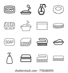 Soap icons. set of 16 editable outline soap icons such as baby bath, sponge, clean brush