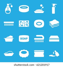 Soap icons set. set of 16 soap filled icons such as baby bath, spray bottle, Soap, sponge, laundry, clean brush