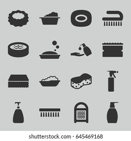 Soap icons set. set of 16 soap filled icons such as baby bath, spray bottle, sponge, laundry, clean brush