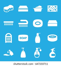Soap icons set. set of 16 soap filled icons such as spray bottle, sponge, laundry, clean brush