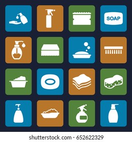 Soap icons set. set of 16 soap filled icons such as baby bath, spray bottle, sponge, laundry